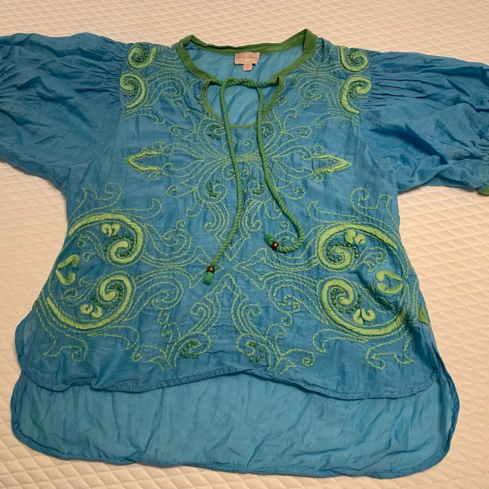 Tracy Reese Embroidered Top blue green beaded cottage core boho cotton silk S